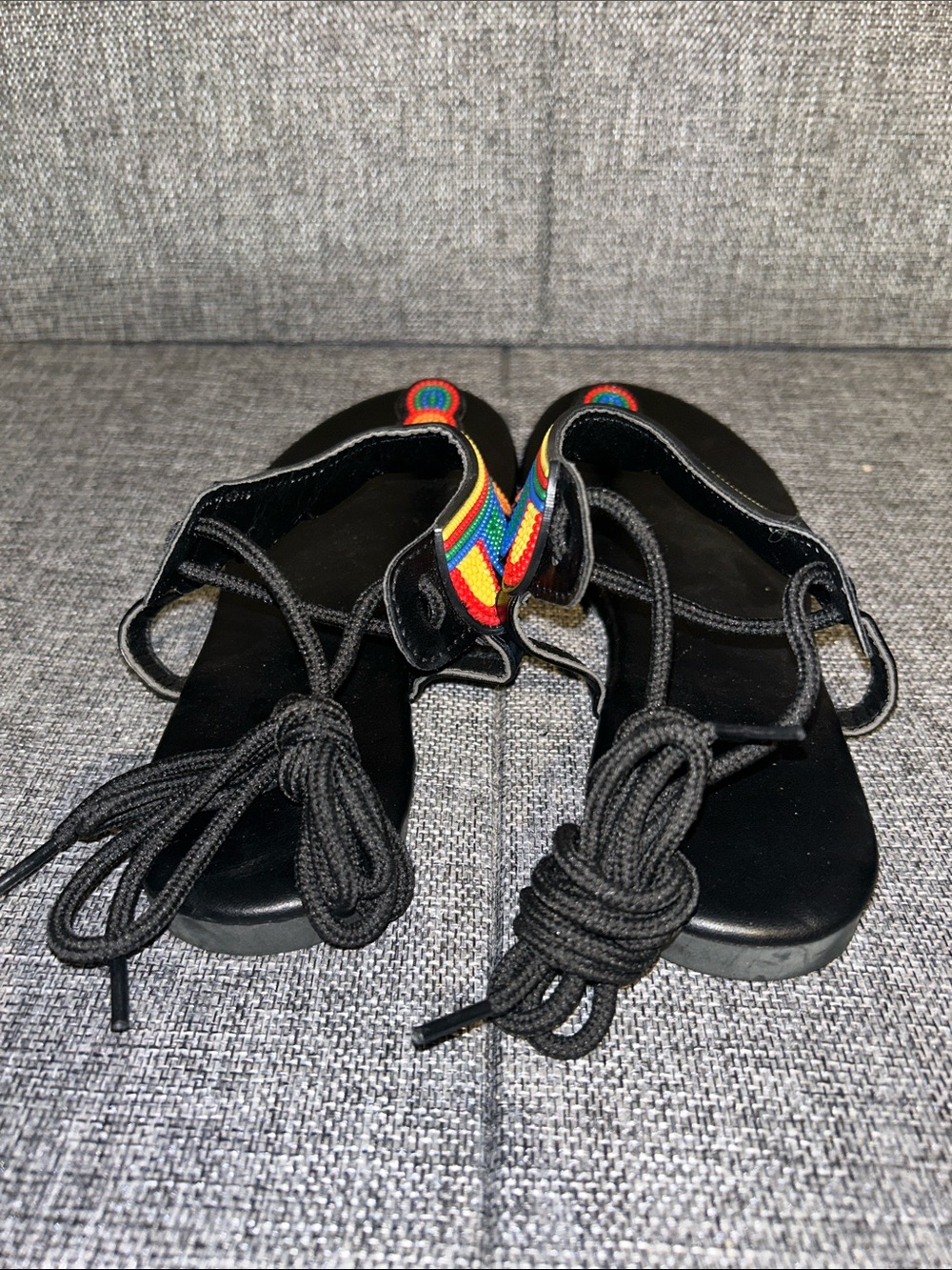 Black Beaded T-Strap Sandals with Rainbow Embroidery - Picture 4 of 7